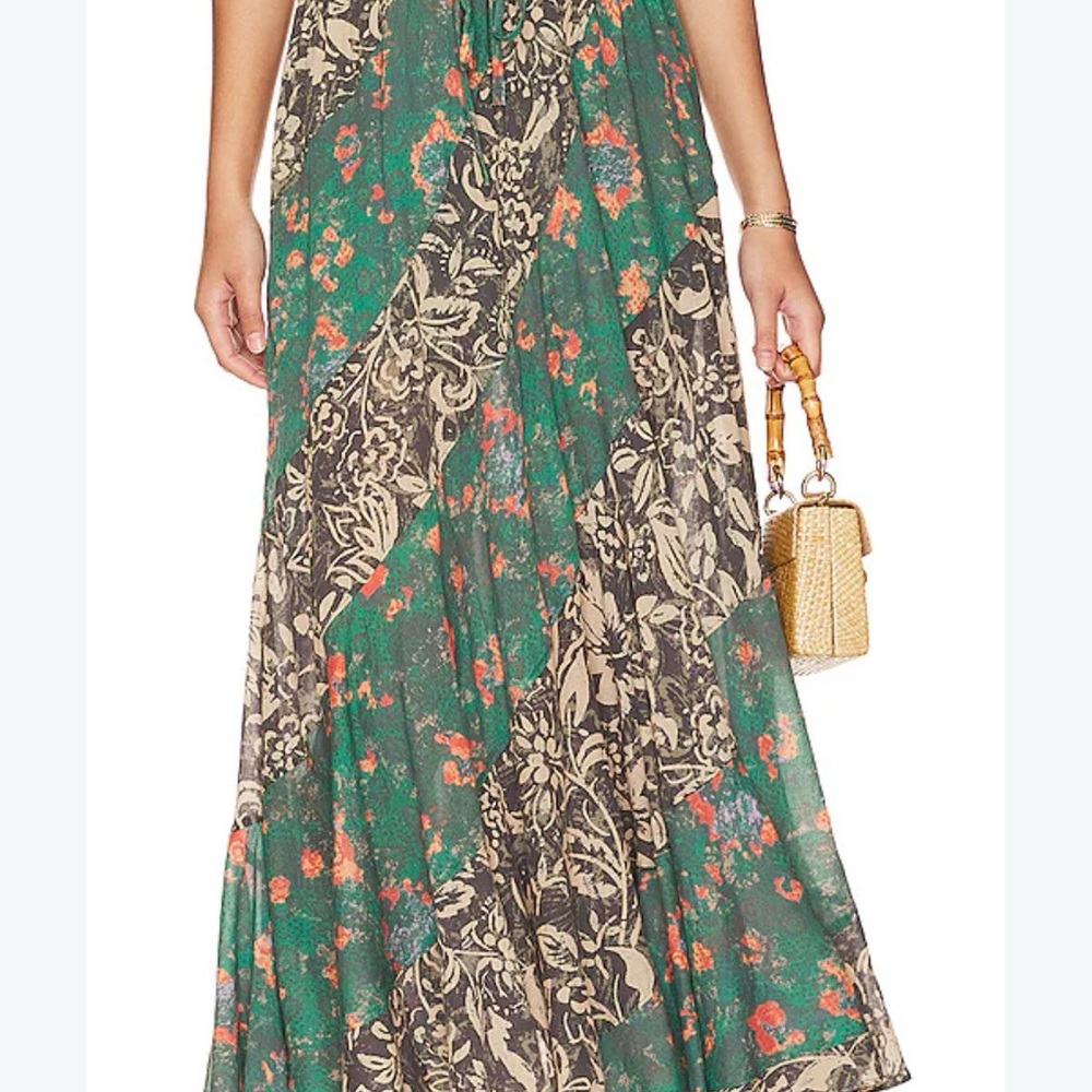 Free People Jackie Maxi boho Green Floral Panel Maxi Skirt size large